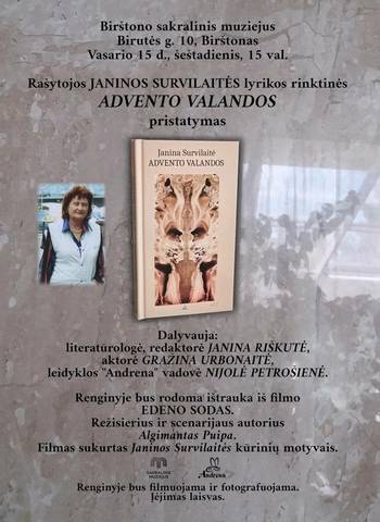 Rašytojos Janinos Survilaitės lyrikos rinktinės „Advento valandos“ pristatymas
